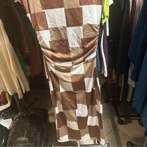 Brown and White Checkered Midi Dress